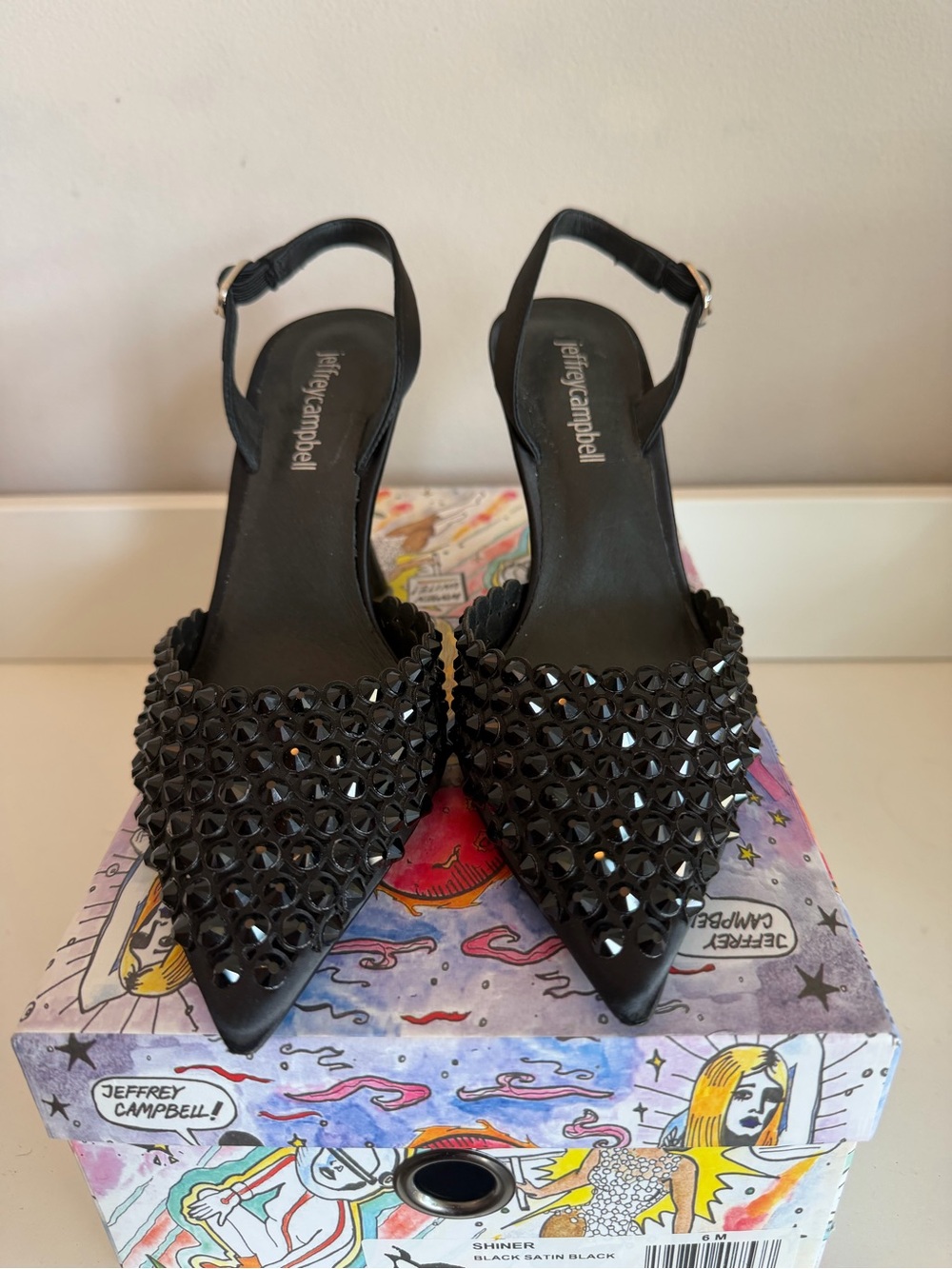 Jeffrey Campbell Shiner Black Satin Studded Slingback Pumps Heels 6M